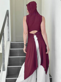 women's plant based rayon jersey one size adjustable hooded maroon ninja wrap vest or top #color_wine