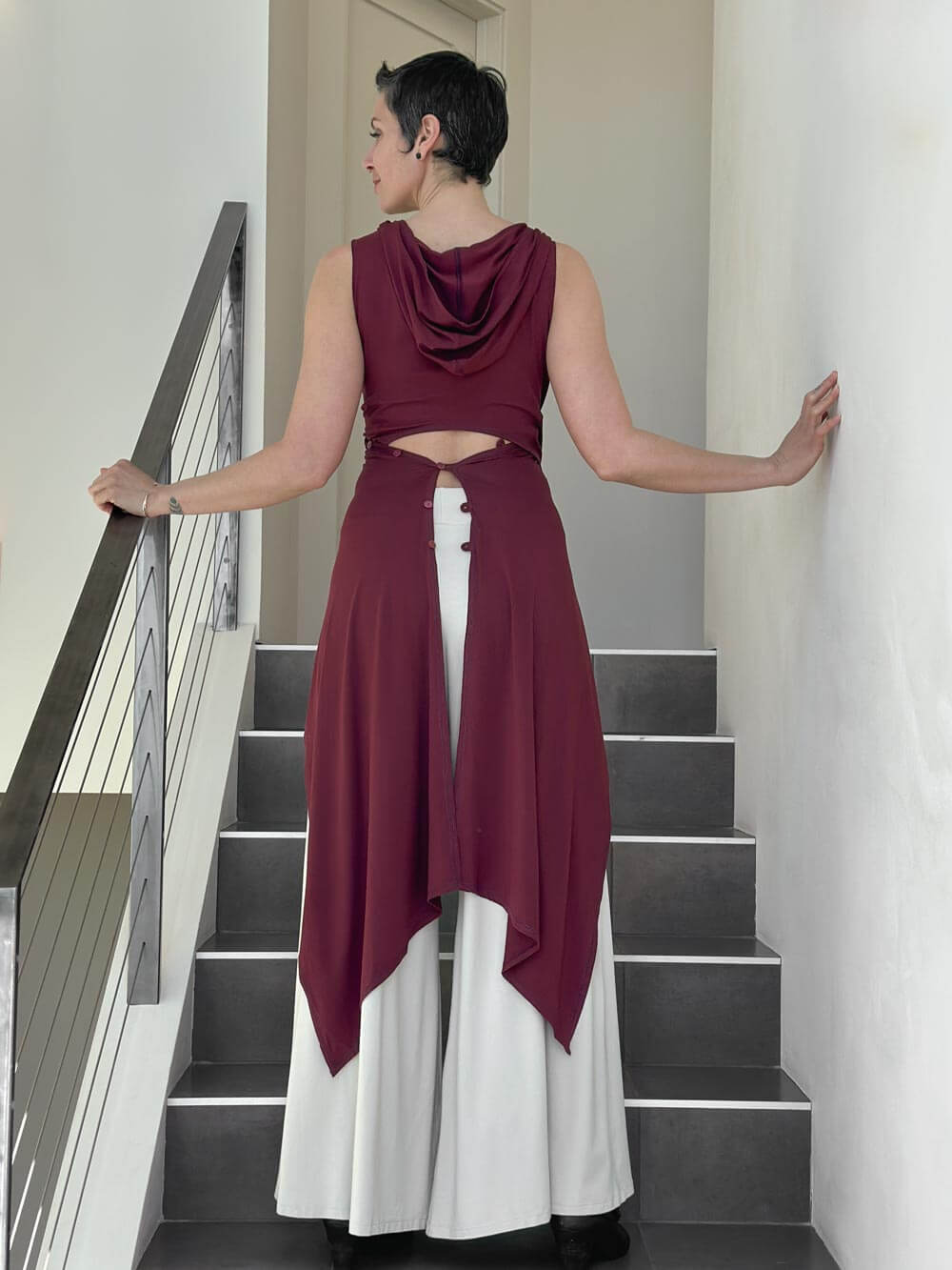 women's plant based rayon jersey one size adjustable hooded maroon ninja wrap vest or top #color_wine