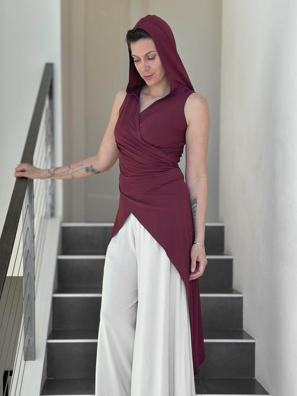 women's plant based rayon jersey one size adjustable hooded maroon ninja wrap vest or top #color_wine