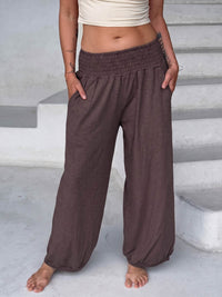 caraucci cocoa brown smocked waist cotton jogger pants with side pockets #color_cocoa
