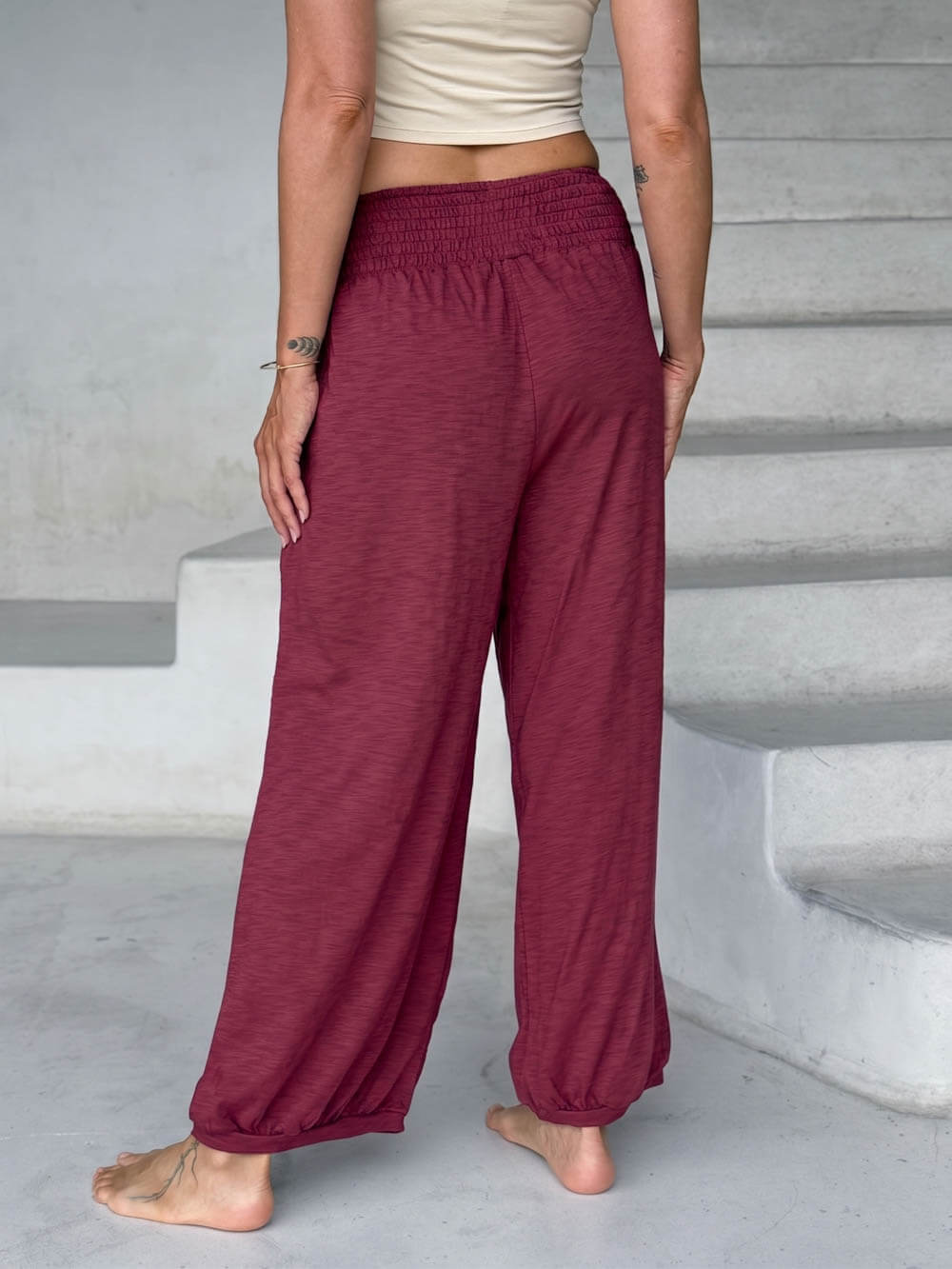 caraucci crimson red smocked waist cotton jogger pants with side pockets #color_crimson