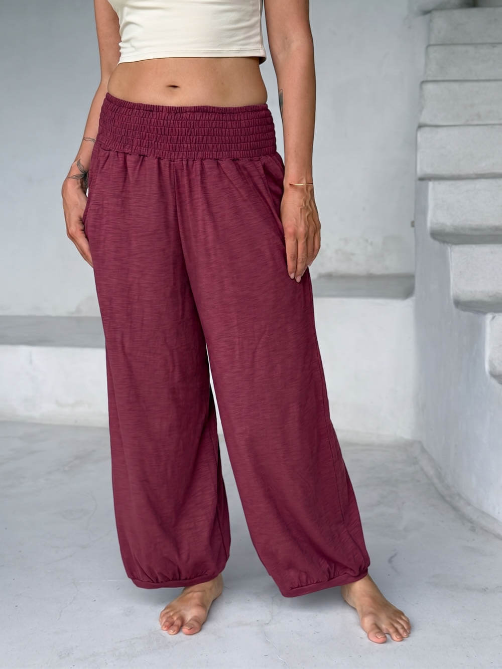 caraucci crimson red smocked waist cotton jogger pants with side pockets #color_crimson