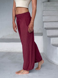 caraucci crimson red smocked waist cotton jogger pants with side pockets #color_crimson