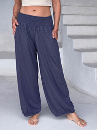 caraucci navy blue smocked waist cotton jogger pants with side pockets #color_midnight