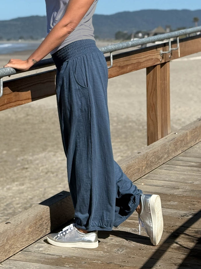 caraucci-blue-smocked waist cotton jogger pants with side pockets #color_pacific