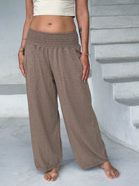 caraucci tan smocked waist cotton jogger pants with side pockets #color_sahara