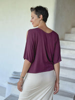 caraucci loose one size peekaboo shoulder short sleeve purple top #color_jam