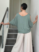 caraucci loose one size peekaboo shoulder short sleeve sage green top #color_moss