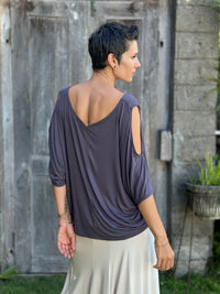 caraucci loose one size peekaboo shoulder short sleeve steel grey top #color_steel