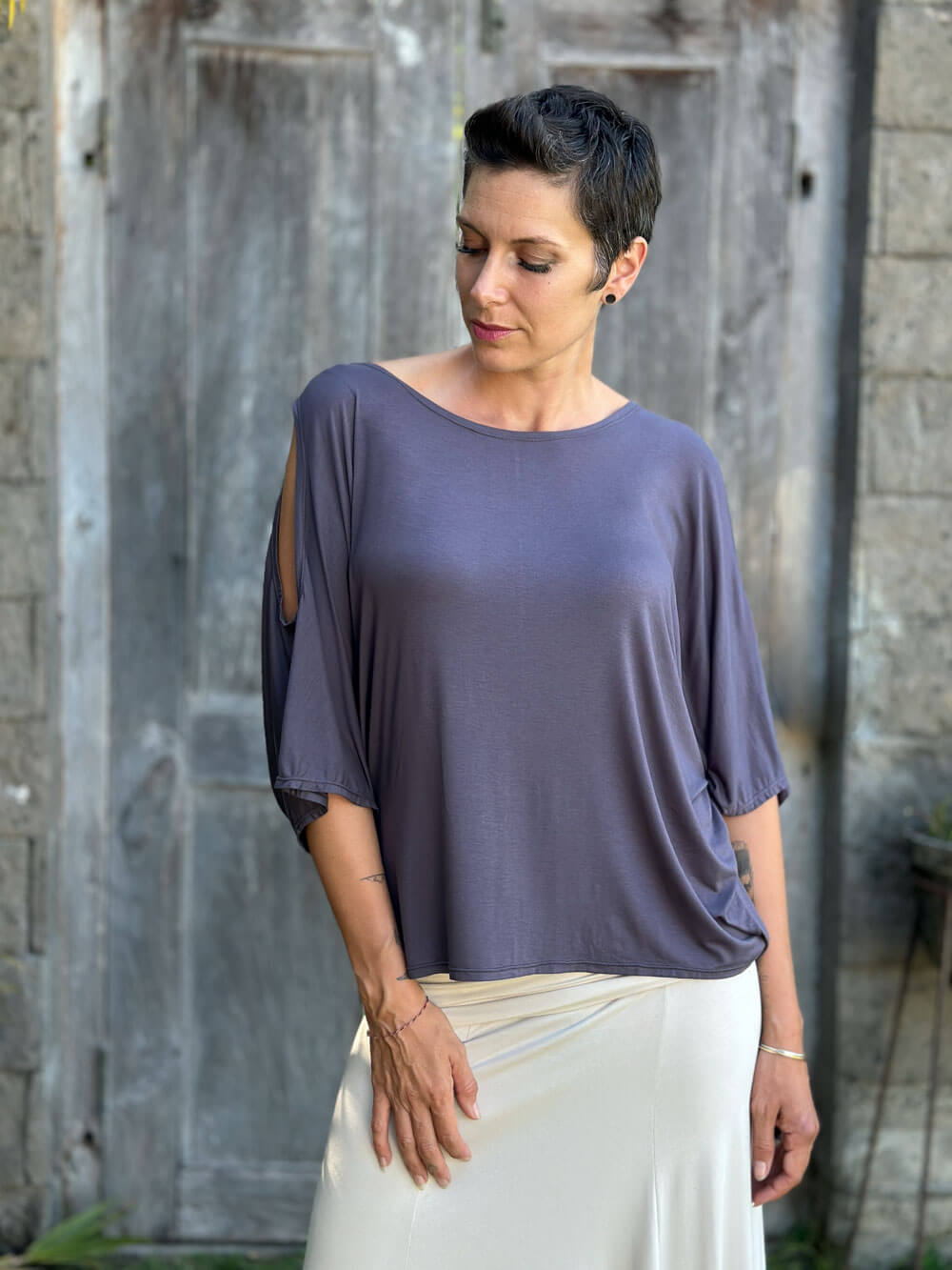 caraucci loose one size peekaboo shoulder short sleeve steel grey top #color_steel