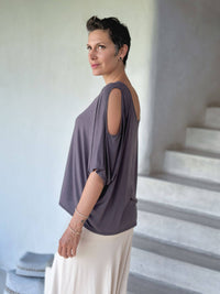 caraucci loose one size peekaboo shoulder short sleeve steel grey top #color_steel