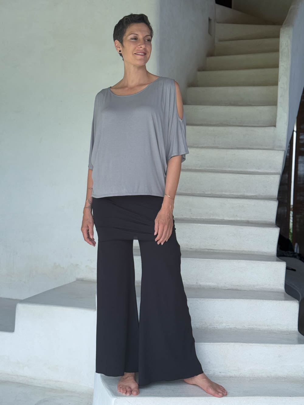 women's natural stretchy rayon jersey skirt-over flow pants #color_black