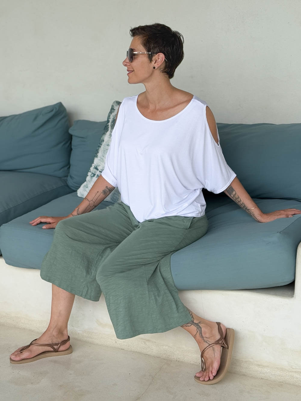 caraucci loose one size peekaboo shoulder short sleeve white top #color_white