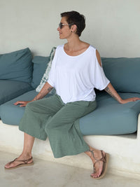 caraucci loose one size peekaboo shoulder short sleeve white top #color_white