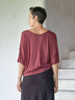 caraucci loose one size peekaboo shoulder short sleeve maroon top #color_wine