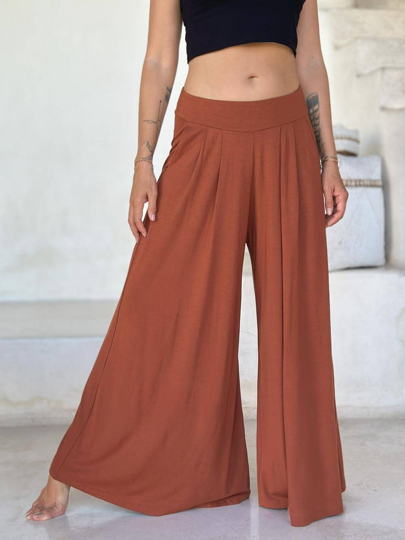 caraucci high waisted orange wide leg flare pants with side pockets #color_copper