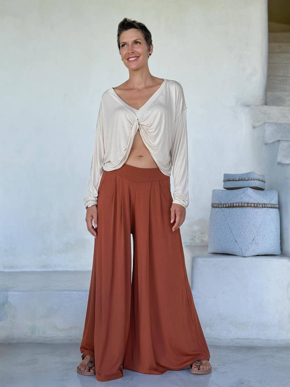 caraucci high waisted orange wide leg flare pants with side pockets #color_copper