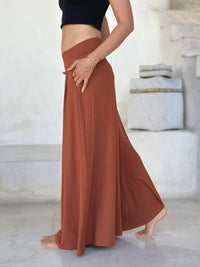 caraucci high waisted orange wide leg flare pants with side pockets #color_copper