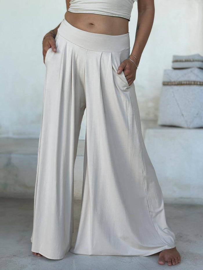 caraucci high waisted wide leg cream flare pants with side pockets #color_cream