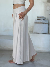 caraucci high waisted wide leg cream flare pants with side pockets #color_cream