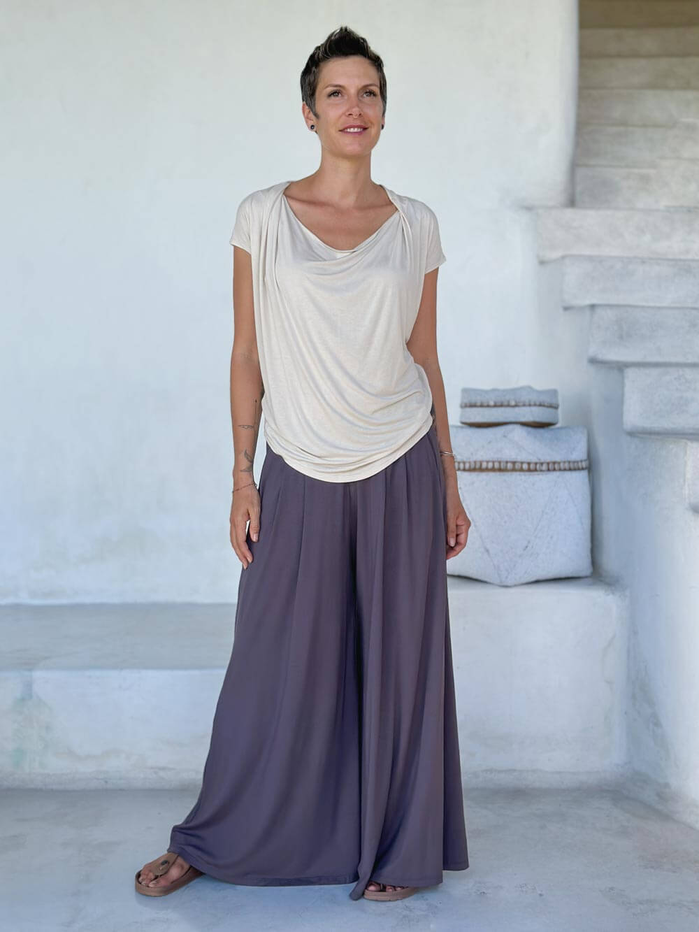 caraucci high waisted steel grey wide leg flare pants with side pockets #color_steel