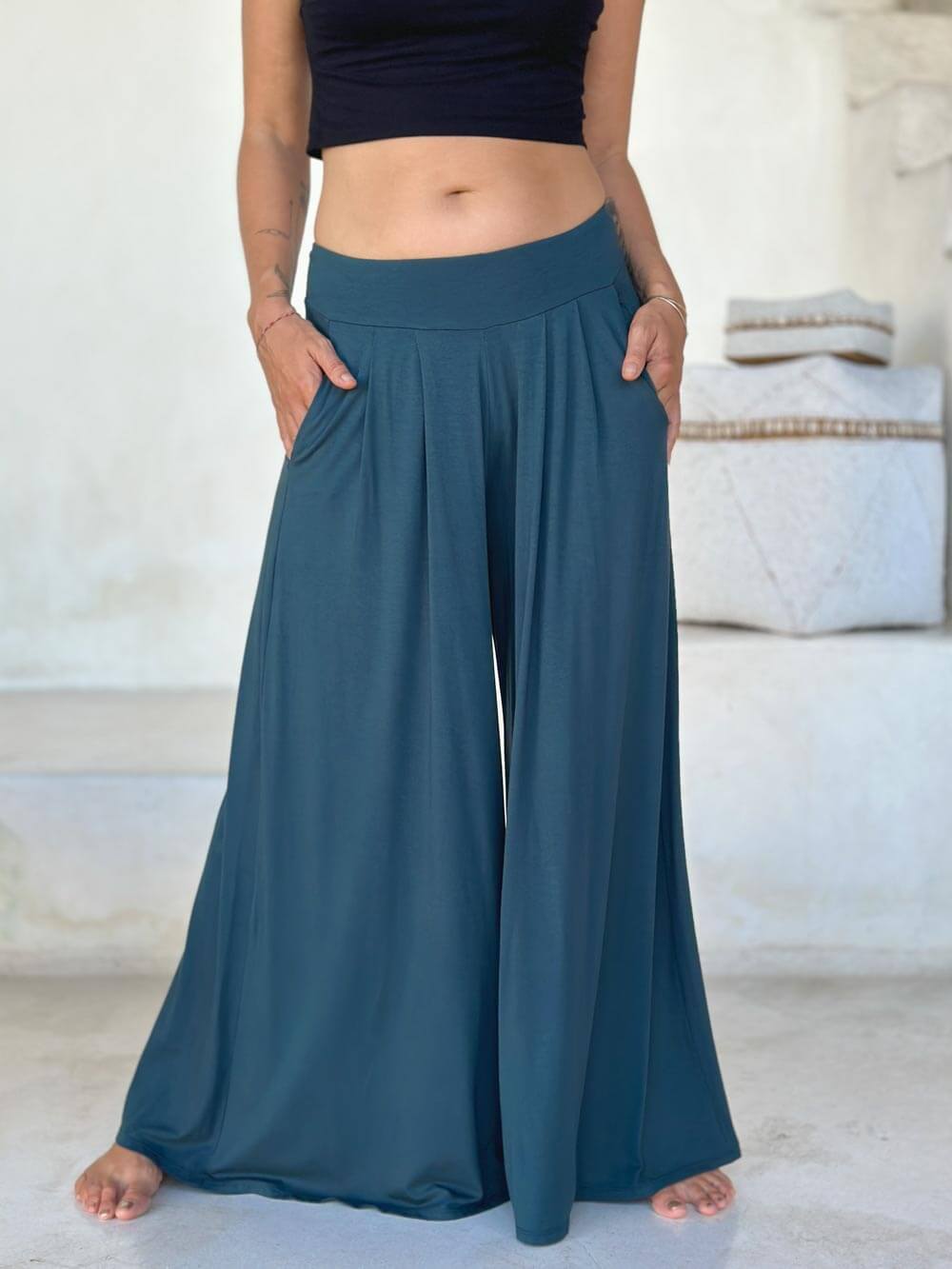 caraucci high waisted teal blue wide leg flare pants with side pockets #color_teal