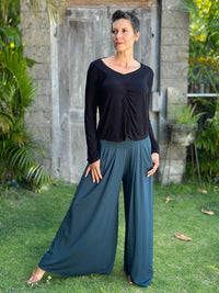 caraucci high waisted teal blue wide leg flare pants with side pockets #color_teal