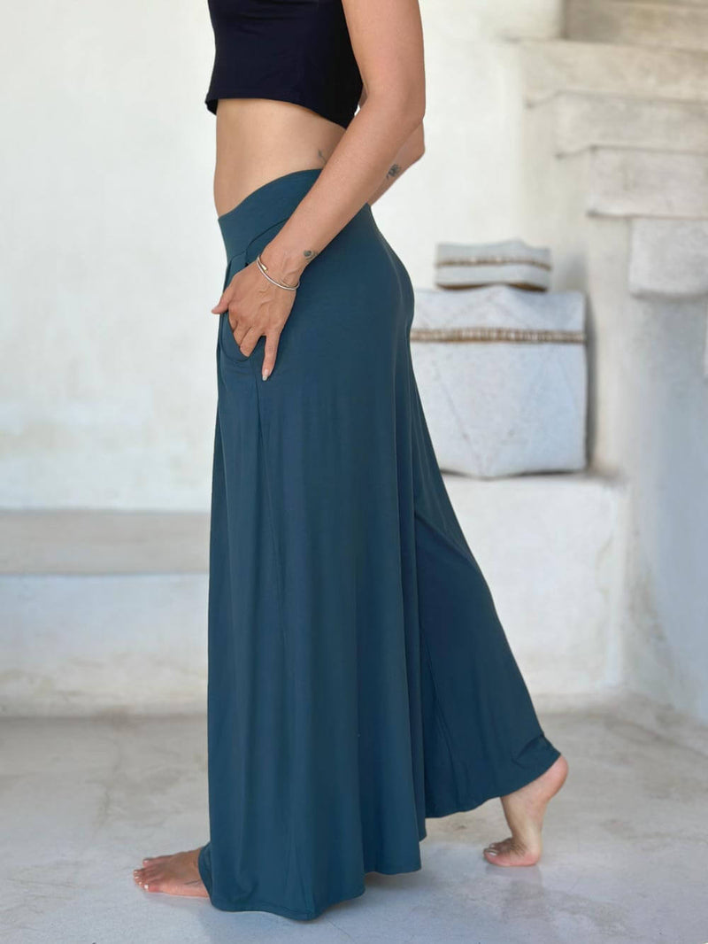 caraucci high waisted teal blue wide leg flare pants with side pockets #color_teal