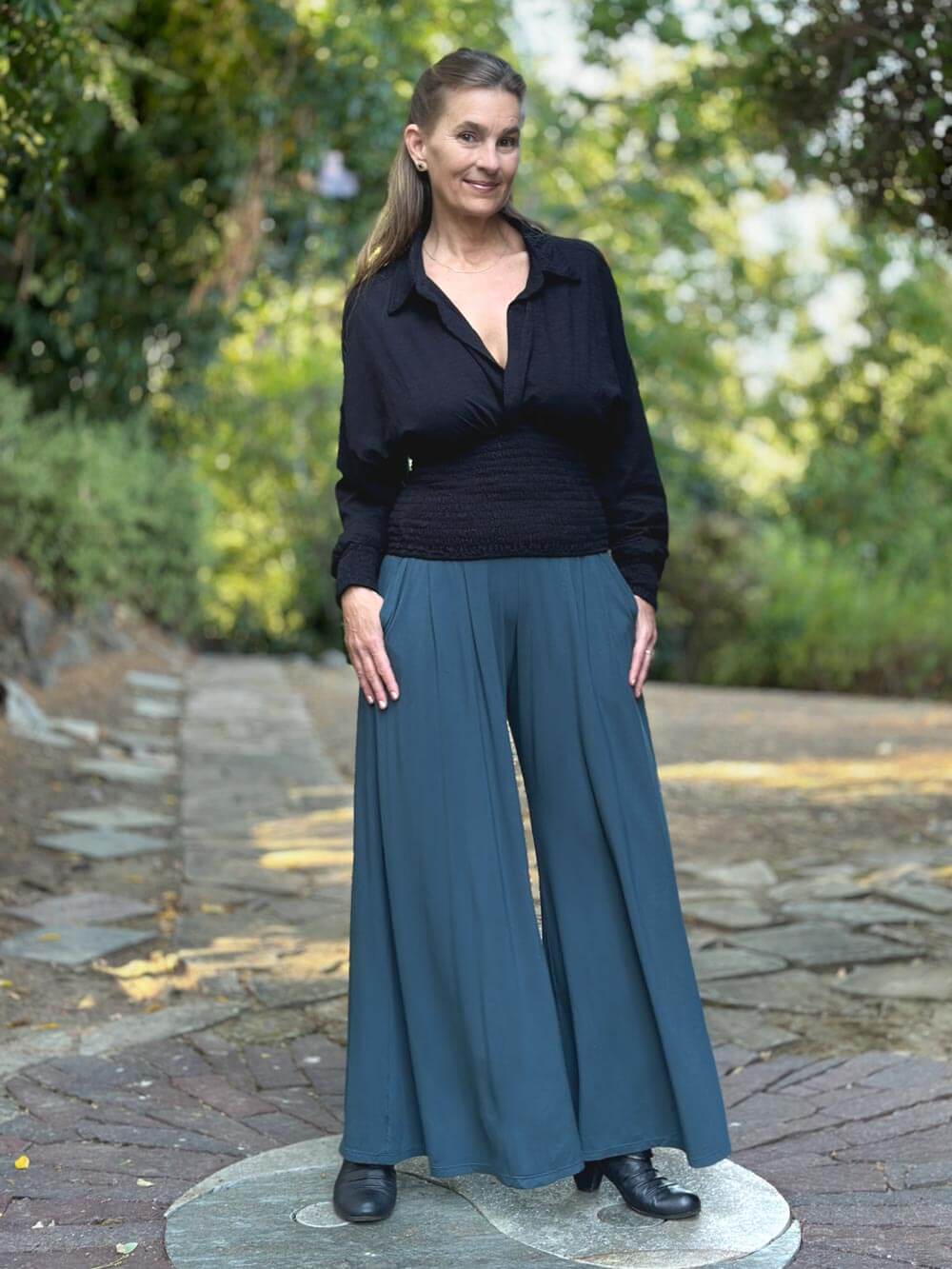 caraucci high waisted teal blue wide leg flare pants with side pockets #color_teal