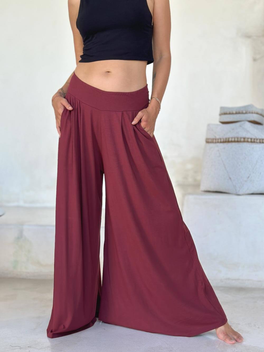 caraucci high waisted wide leg maroon flare pants with side pockets #color_wine