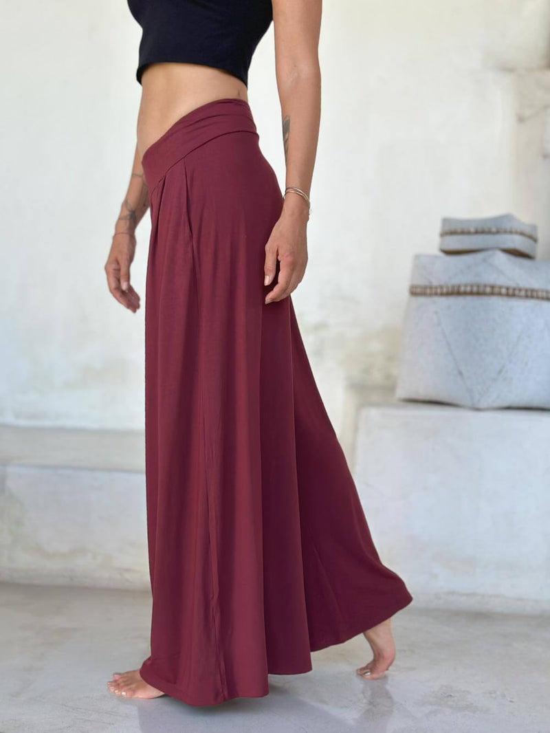 caraucci high waisted wide leg maroon flare pants with side pockets #color_wine