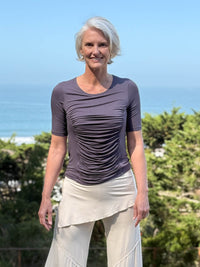 caraucci jersey round neck fitted short sleeve steel gray top #color_steel