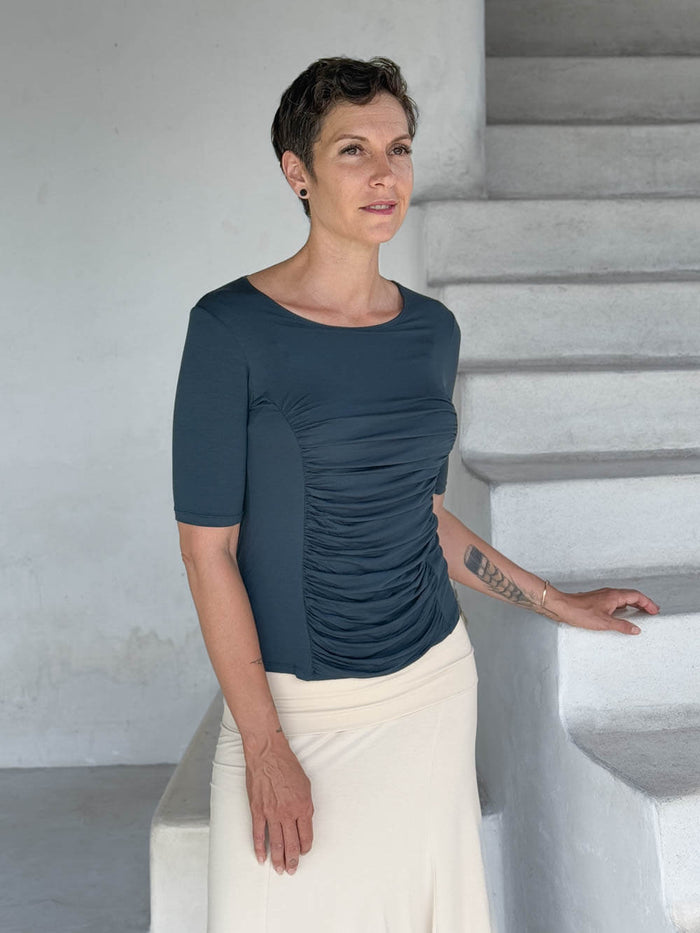 caraucci jersey round neck fitted short sleeve teal blue top #color_teal