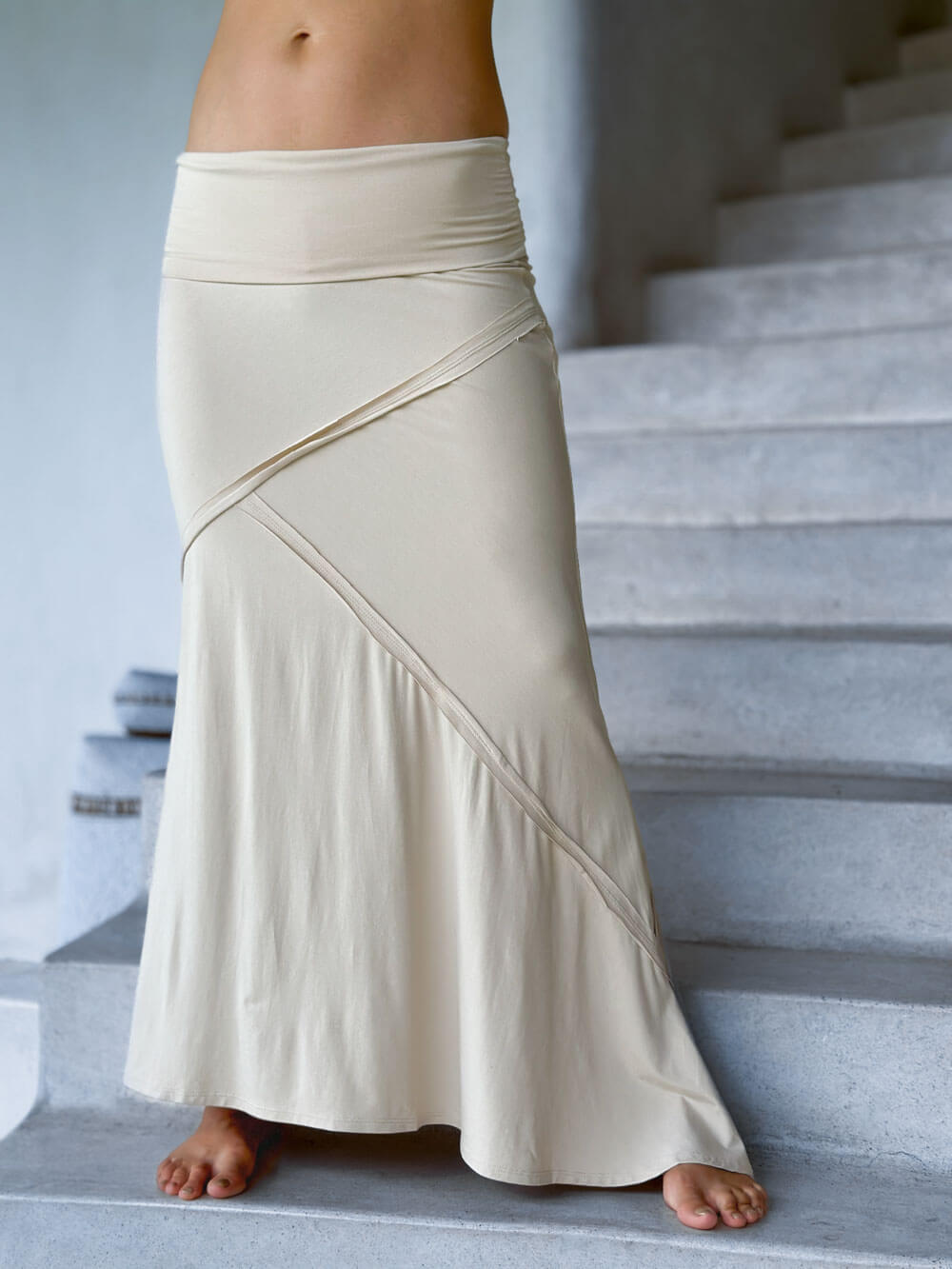 women's stretchy rayon jersey cream maxi skirt with raised stitch detail #color_cream