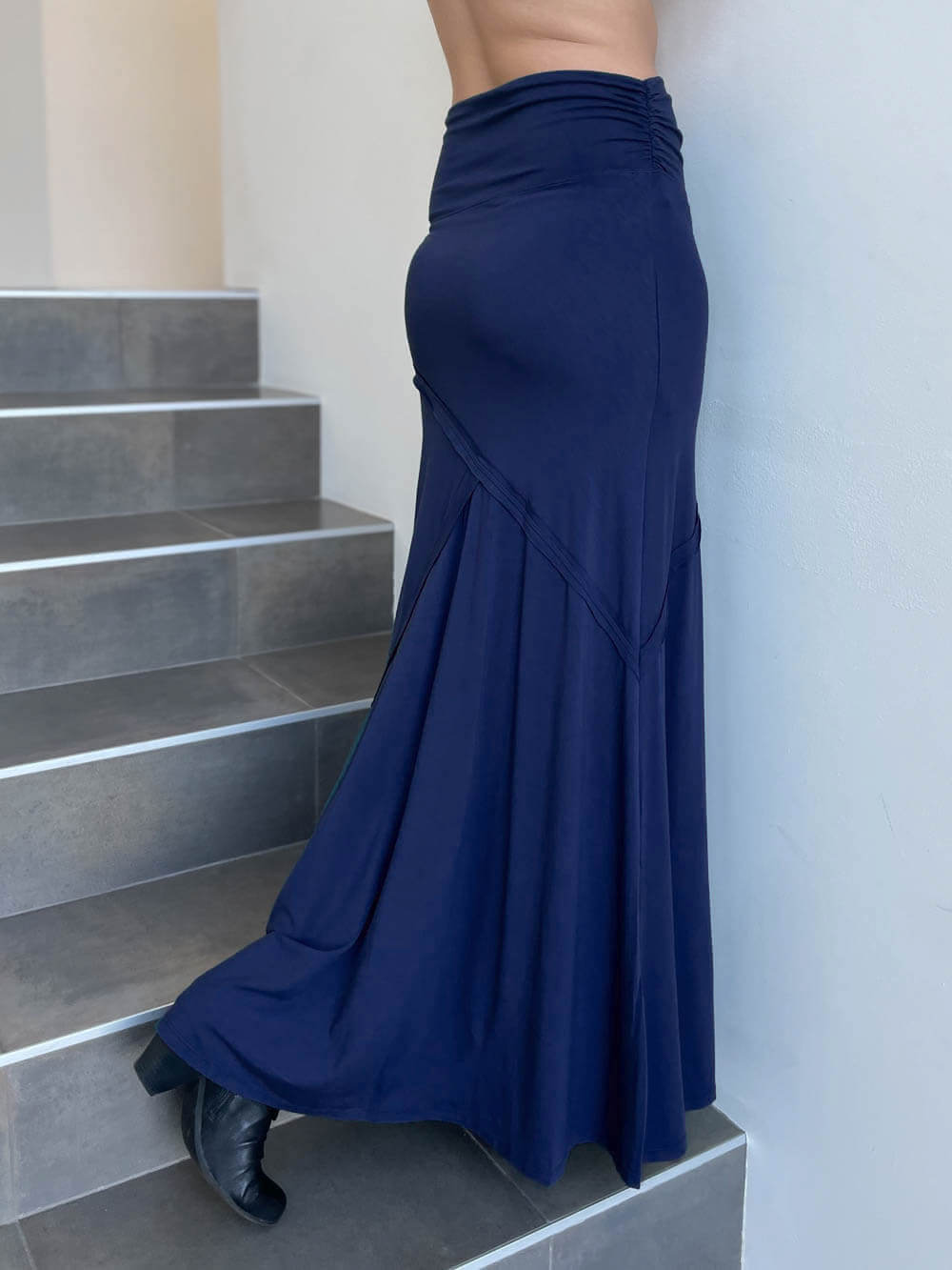 women's plant based stretchy rayon jersey navy blue maxi skirt with raised stitch detail #color_navy
