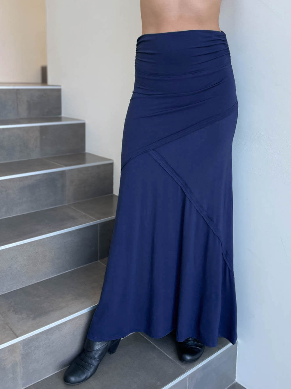 women's plant based stretchy rayon jersey navy blue maxi skirt with raised stitch detail #color_navy