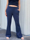 women's bamboo spandex full length navy blue pants with two front and back pockets #color_navy