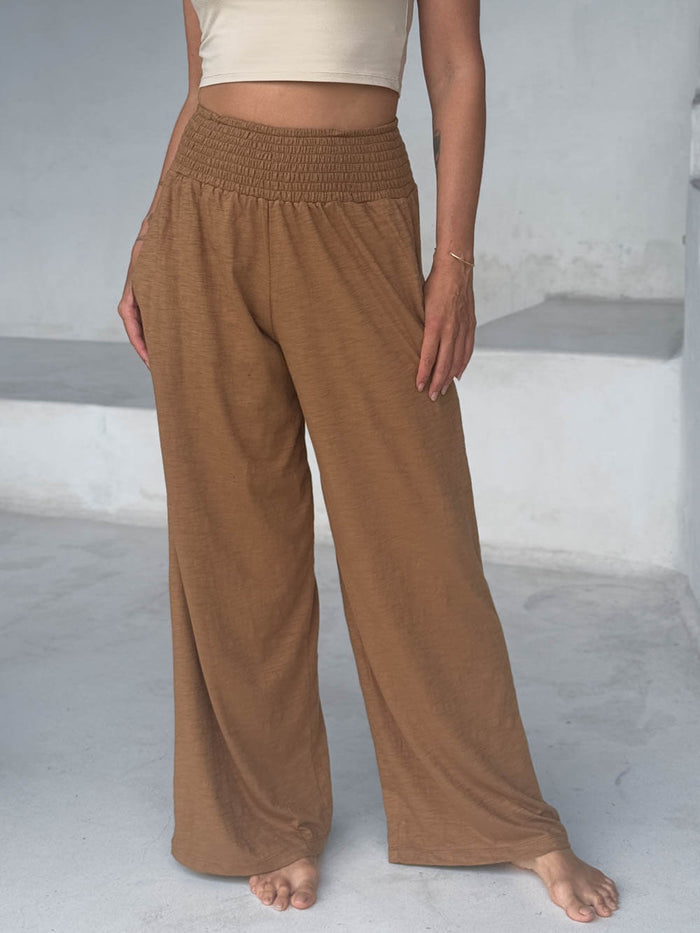 caraucci relaxed fit cotton camel pants with pockets #color_camel