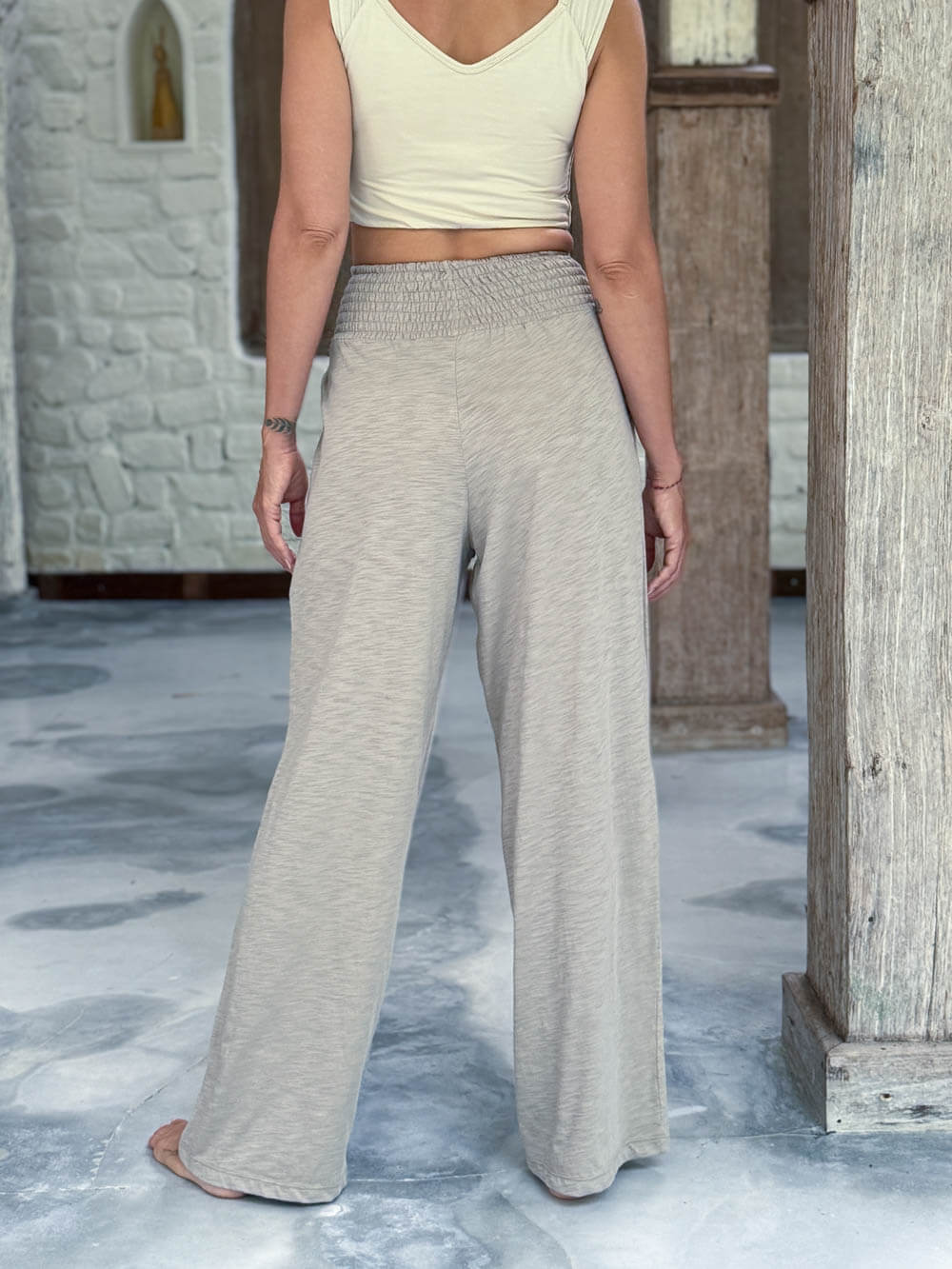caraucci relaxed fit cotton smocked waist soft stone neutral pants with pockets #color_sahara