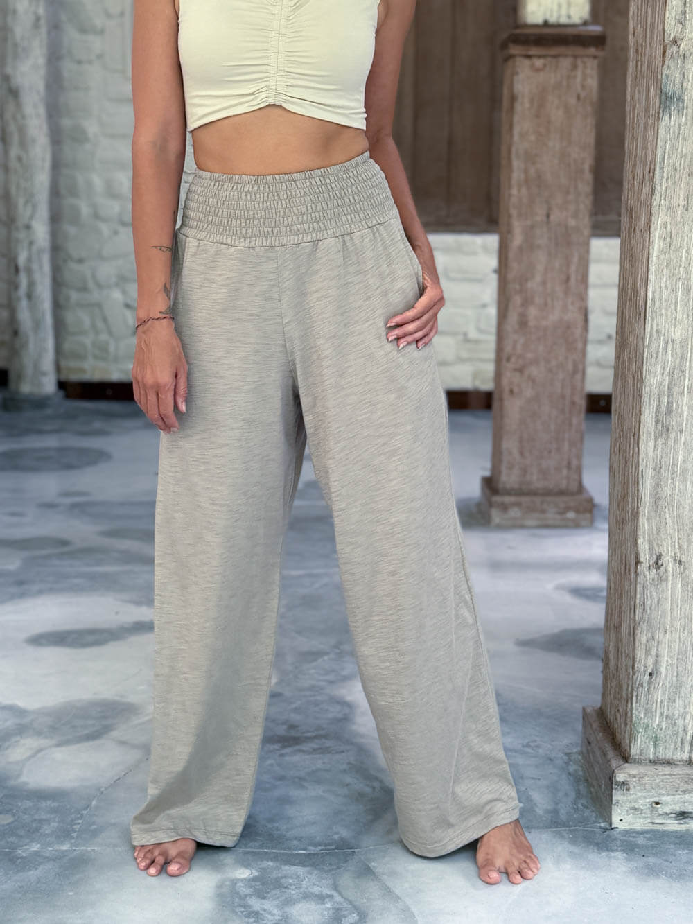 caraucci relaxed fit cotton smocked waist soft stone neutral pants with pockets #color_sahara