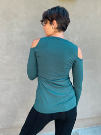 women's plant based stretchy rayon jersey long sleeve peekaboo shoulder jasper green top with thumbholes #color_jasper