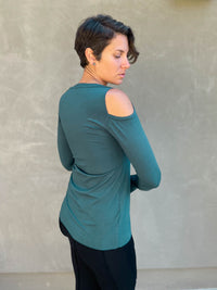 women's plant based stretchy rayon jersey long sleeve peekaboo shoulder jasper green top with thumbholes #color_jasper