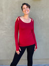 women's plant based stretchy rayon jersey long sleeve peekaboo shoulder red top with thumbholes #color_red