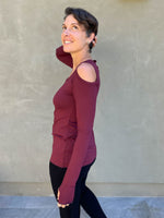 women's plant based stretchy rayon jersey long sleeve peekaboo shoulder maroon top with thumbholes #color_wine