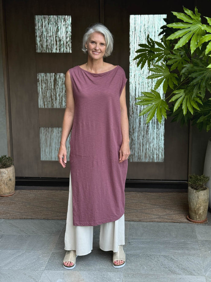 caraucci loose fit pink cotton dress with pockets #color_mangosteen