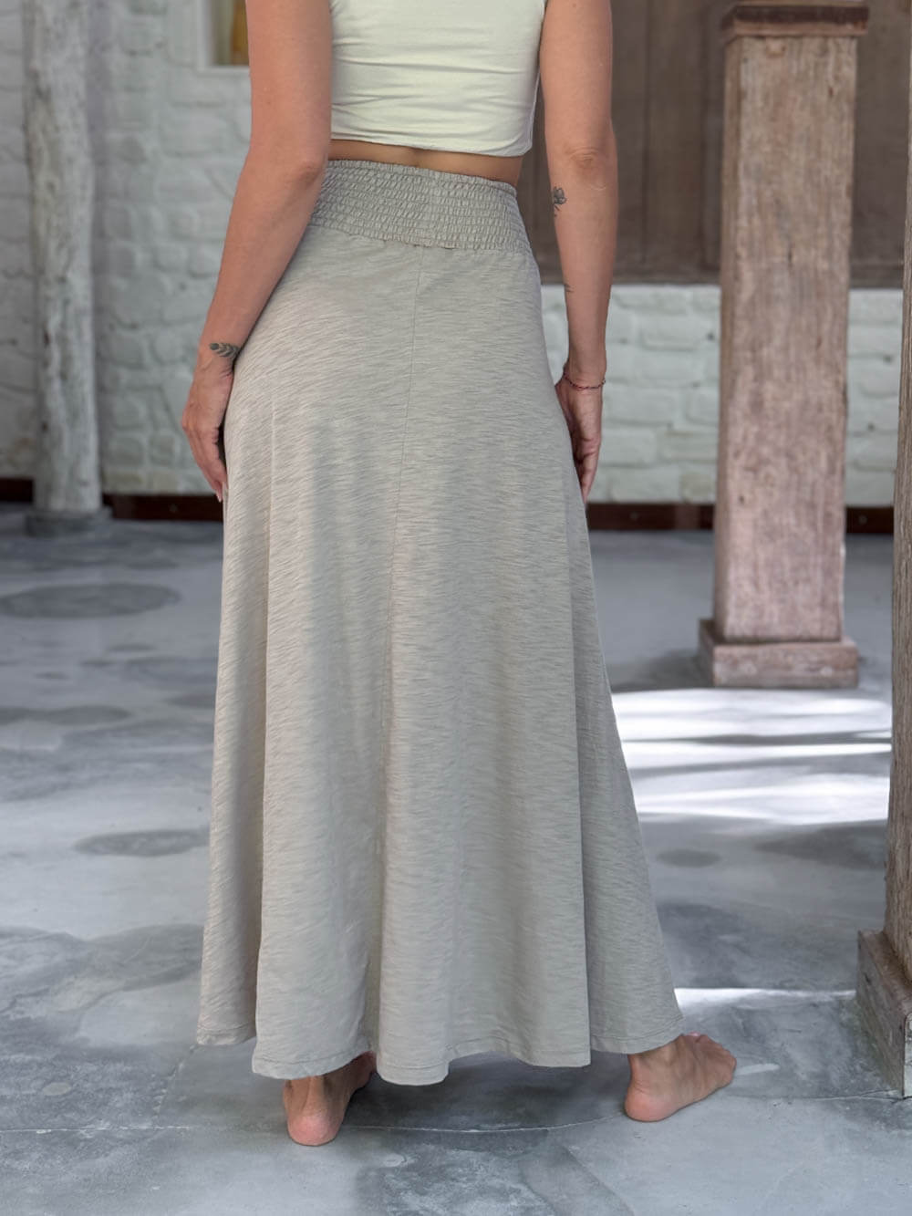 caraucci soft stone neutral cotton smocked waist full maxi skirt with pockets #color_sahara