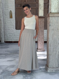 caraucci cream boat neck tank top in stretch jersey, shown tucked in #color_cream