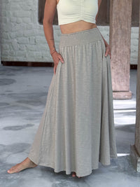 caraucci soft stone neutral cotton smocked waist full maxi skirt with pockets #color_sahara