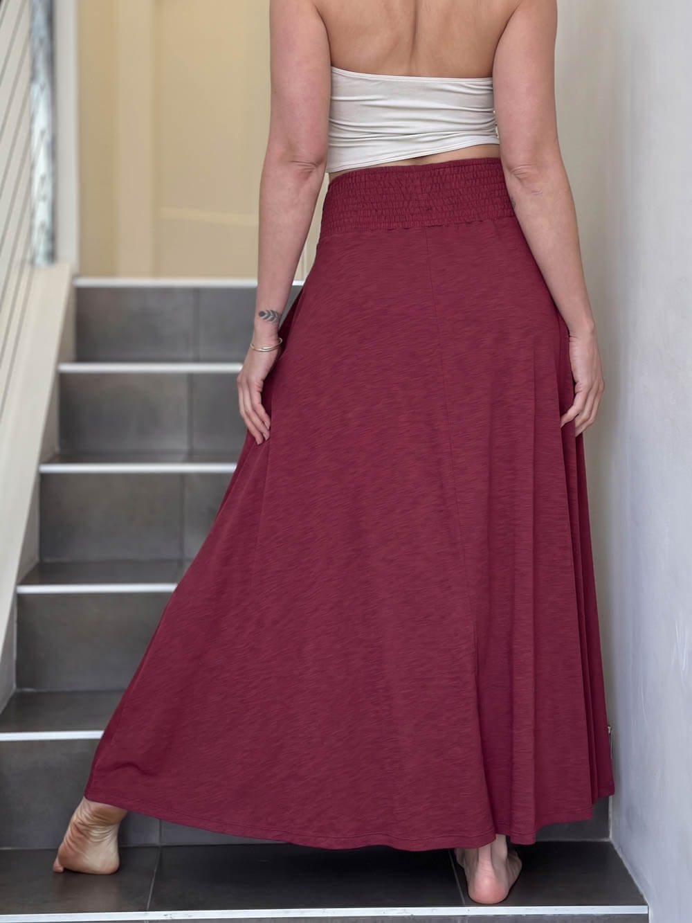 caraucci crimson red cotton smocked waist full maxi skirt with pockets #color_crimson