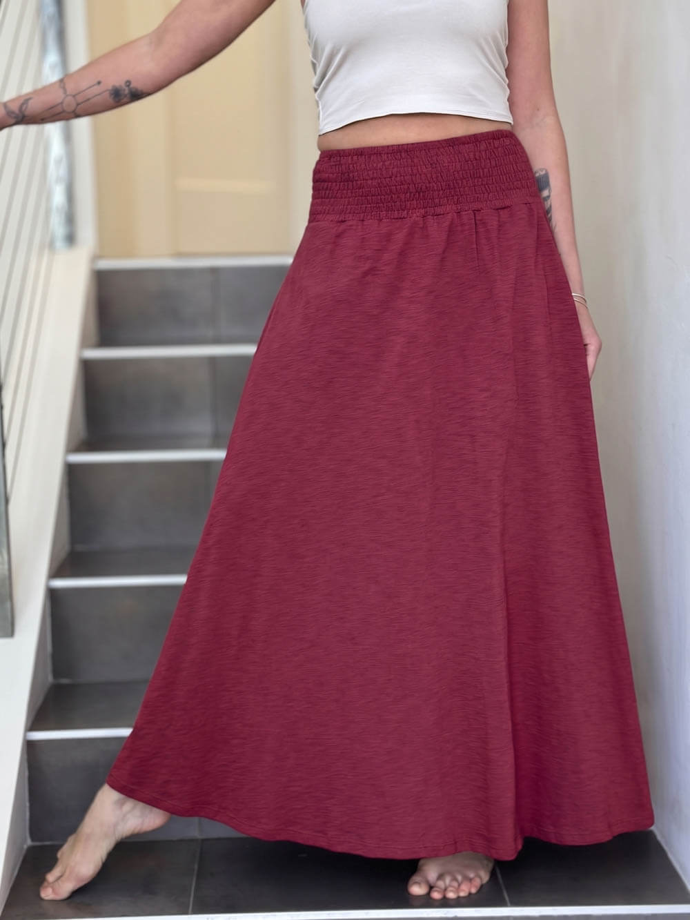 caraucci crimson red cotton smocked waist full maxi skirt with pockets #color_crimson